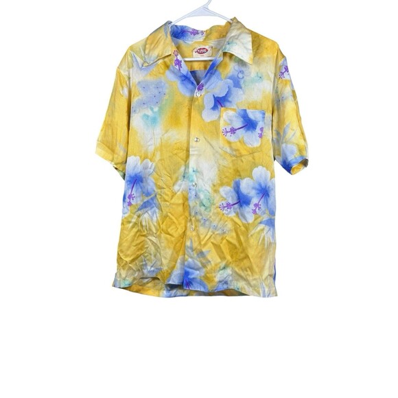 Vintage Pomare Hawaii Aloha Shirt Men’s M Yellow Blue Hibiscus Floral - Picture 1 of 9
